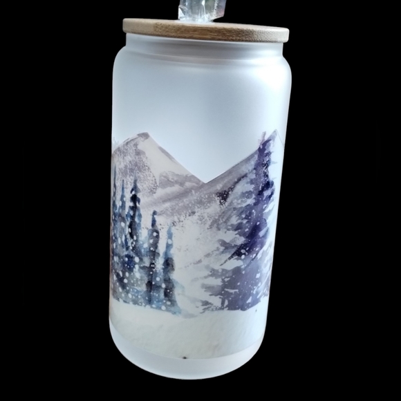 New handmade UVDTF White X-mas - Frosted Glass‎ Cup with Bamboo Lid & Straw - Picture 7 of 10